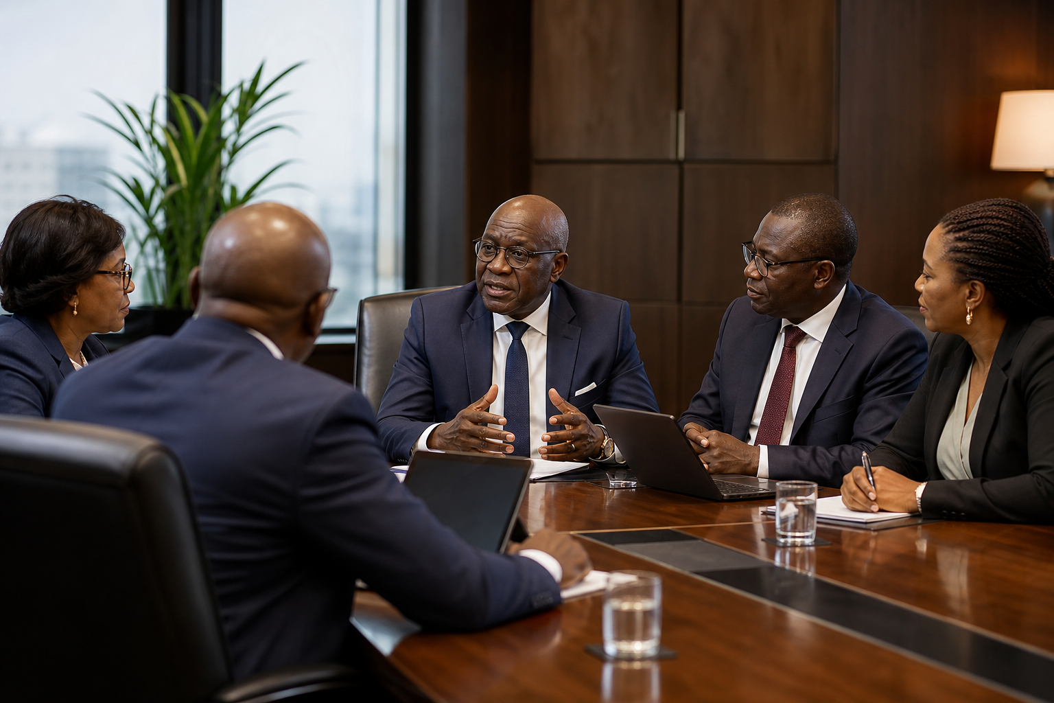 Black African senior advisors in boardroom strategy session