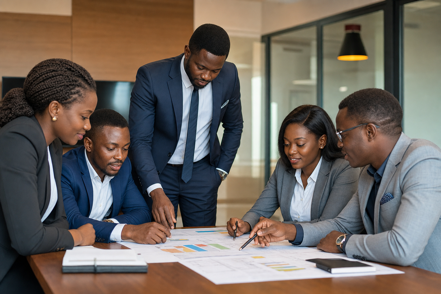 Black African project management team reviewing plans