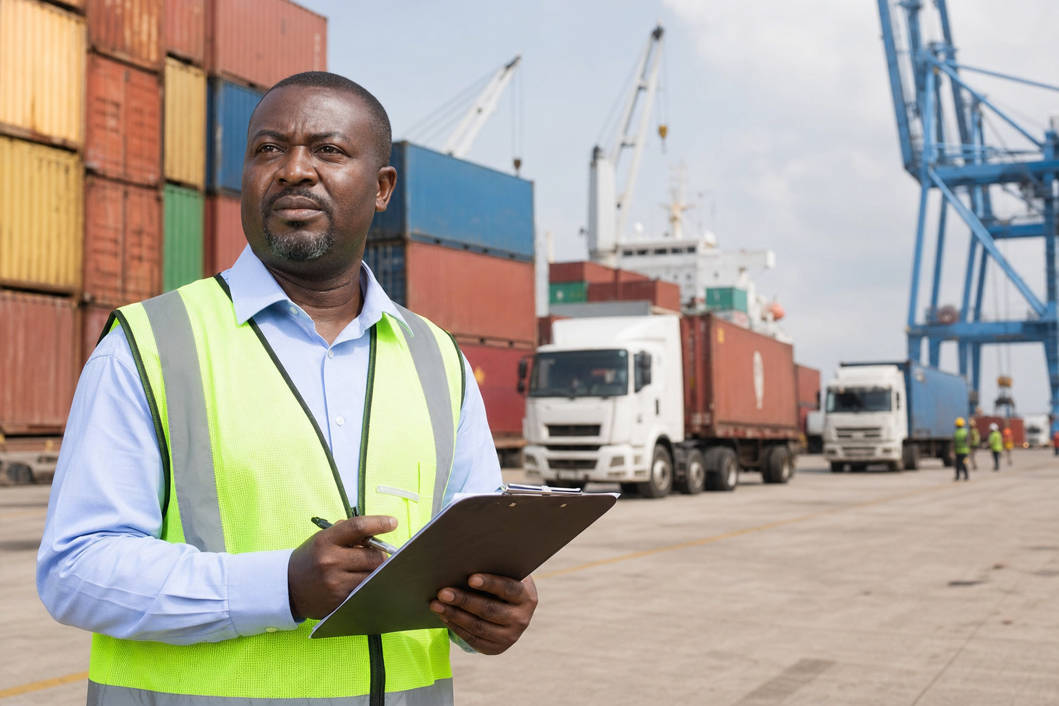 Black African logistics professional at shipping port